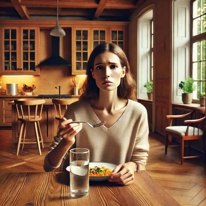 Femme à table en panique à l'idée de manger